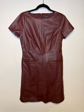 NWT ANN TAYLOR Faux Leather Burgundy Mini Dress Pockets Slim Fitting Sz 6 Petite